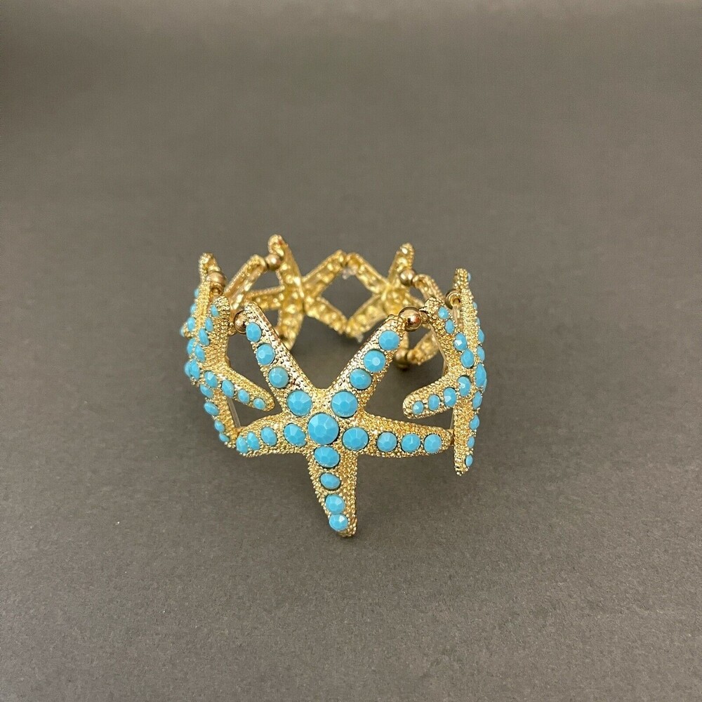 Gold-tone Blue Starfish Star Fish Women's Fashion Stretch Bracelet‎ NWOT